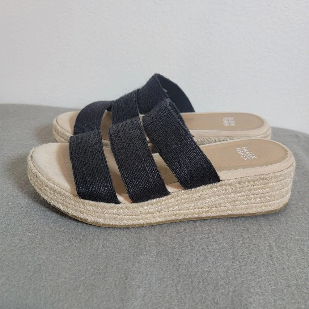 Eileen Fisher Mayla Black Jute Espadrille Platform Sandals Beach Coastal 8 EUC